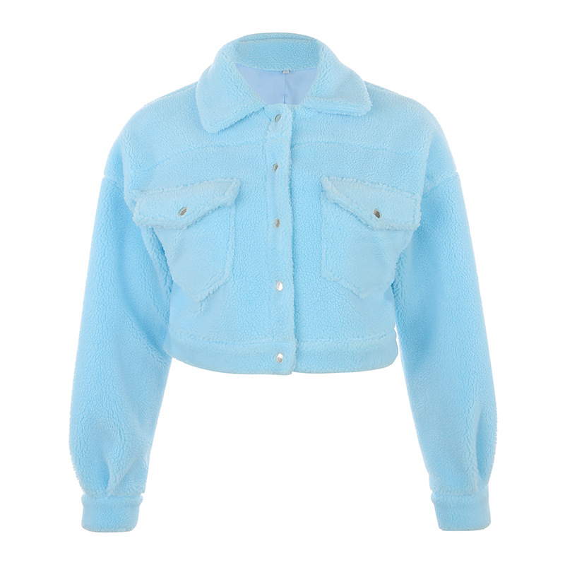 Solid Color Furry Lapel Long-sleeved Pocket Crop Top