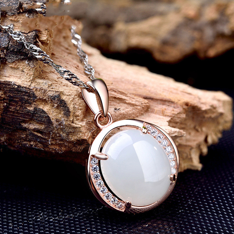 Japanese And Korean Version Of Vintage Hetian Jade Crystal Pendant S925 Silver Diamond Necklace