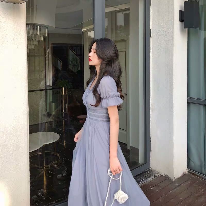 V-Neck Lace Mesh Midi Dress