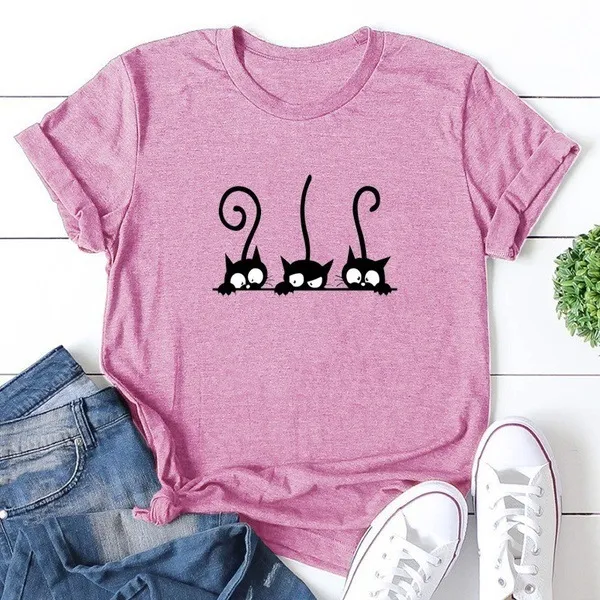 Three Naughty Black Cat Print Short Sleeved T Shirts Pink - Shop at LoveMi