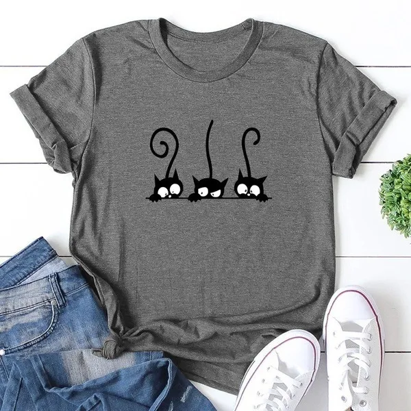Three Naughty Black Cat Print Short Sleeved T Shirts Grey - Shop at LoveMi