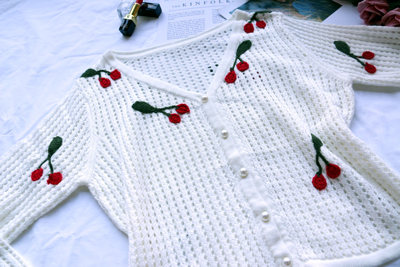 Ins Blogger With The Same Cherry Embroidery White Crochet Hollow Cardigan Top Women'S Short Coat Base Cardigan