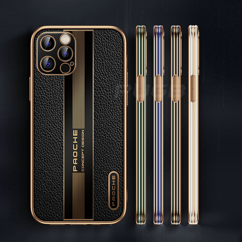 Compatible with Apple , Lychee Pattern Mobile Phone Case Electroplating Leather Pattern Soft Side Shell - Image 5