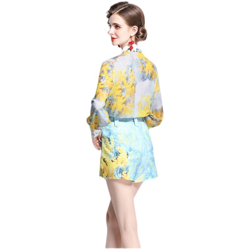 Summer Women's New Heavy Industry Ruffled Lapel Shirt Printed Shorts Set