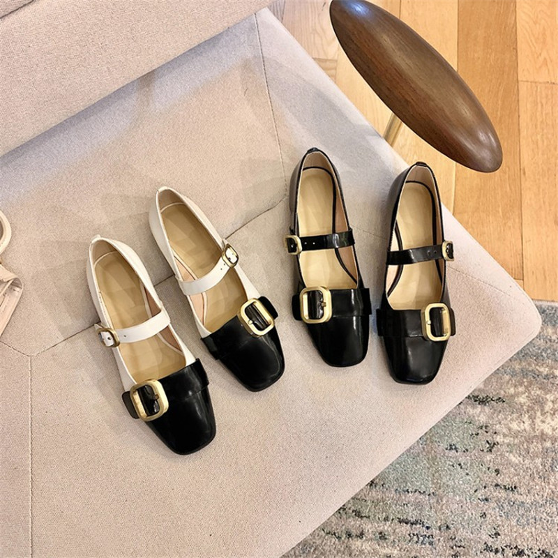 Colorblock Square Toe Mary Jane Shoes Open-edge Beaded Cowhide Single Shoes Women's Flat Shoes