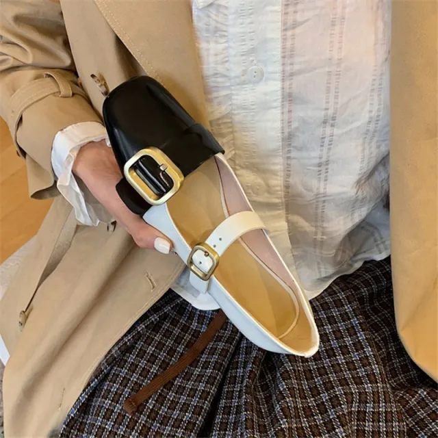 Colorblock Square Toe Mary Jane Shoes Open edge Beaded Cowhide Single Shoes Women's Flat Shoes White - Shop at LoveMi
