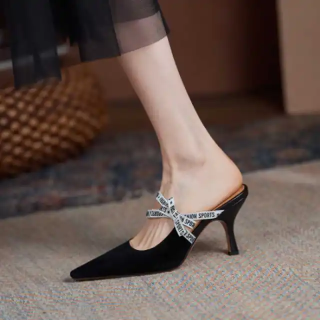 Women'S Shoes Soft Leather Comfortable Single Shoes Four Seasons Shoes Mary Jane Women'S Shoes Muller Slippers Pointed Toe Baotou Black - Shop at LoveMi