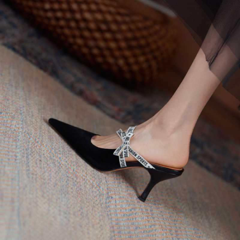 Women'S Shoes Soft Leather Comfortable Single Shoes Four Seasons Shoes Mary Jane Women'S Shoes Muller Slippers Pointed Toe Baotou