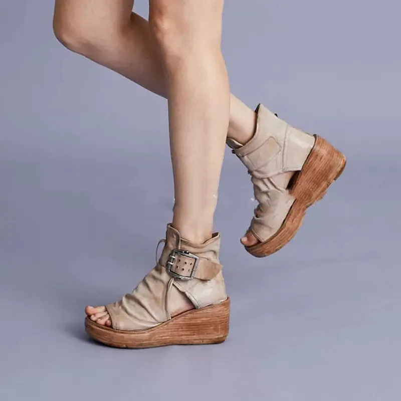 Women's Shoes High Top Wedge Sandals Platform Fish Mouth Sandals - Khaki