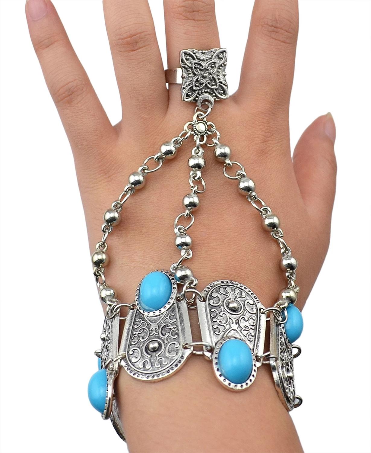 European And American Foreign Trade Fashion New Style Coin Tassel Retro Exaggeration Engraved Flower Chain Finger Bracelet Jewelry Wholesale