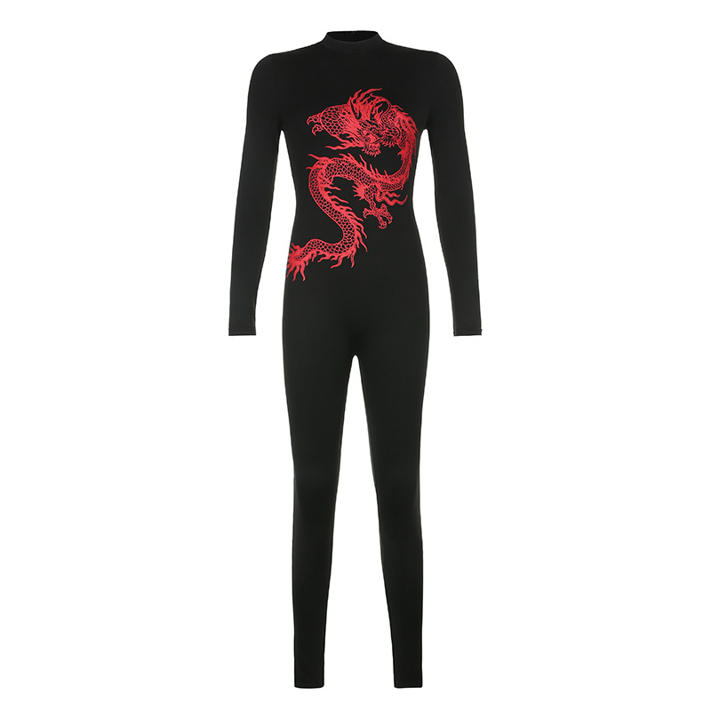 Aliexpress Autumn New Women's Casual Retro Street Dragon Print Fashion Sports Jumpsuit