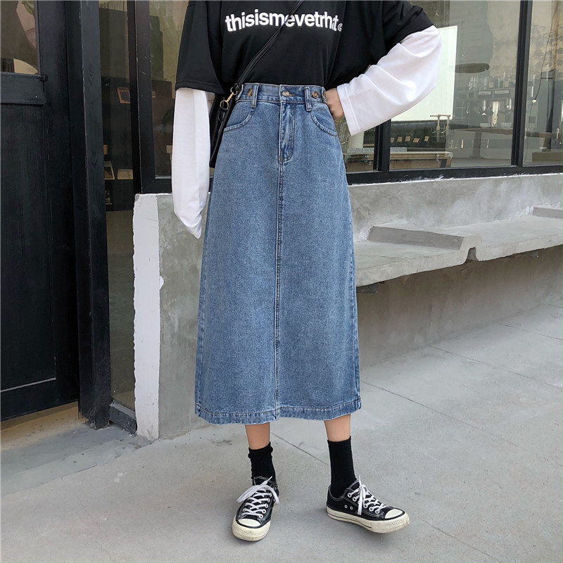 Title 1, Denim half-length skirt with slit, high-waisted...