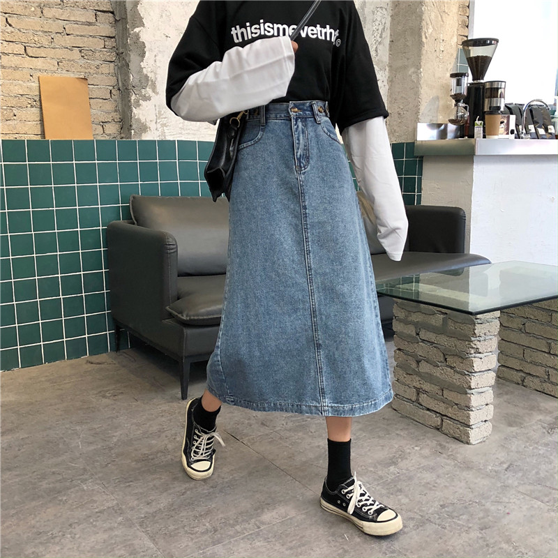 Title 5, Denim half-length skirt with slit, high-waisted...