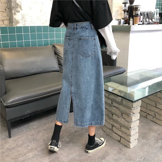 Denim Half Length Skirt Temperament Slit Mid Length High Waisted A Line Thin Hip Length Skirt Blue - Shop at LoveMi
