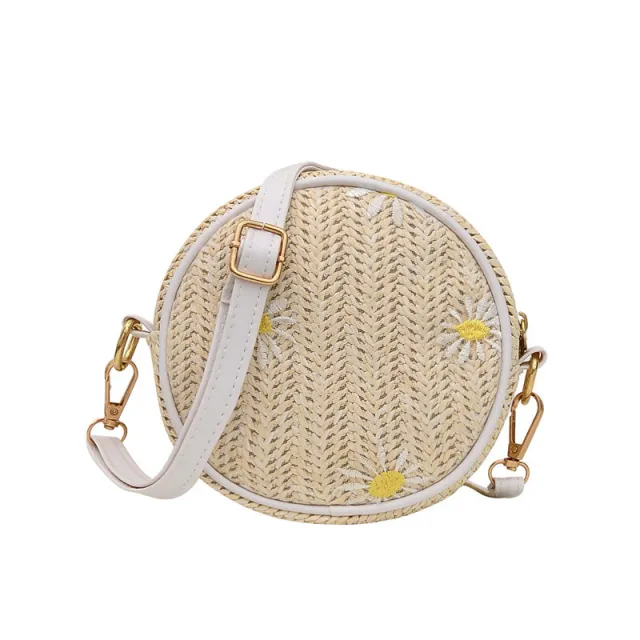 Straw Woven Bag for Women Red Sand Beach Small Round Bag Embroidered Single Shoulder Cross Over knitting Cream - Shop at LoveMi