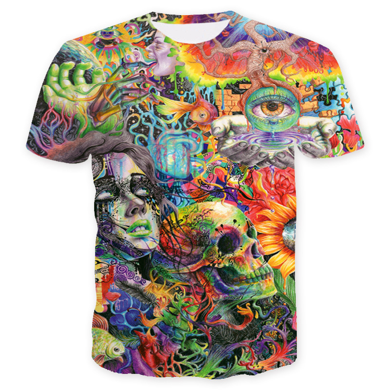Kykuwish Cross-Border New 3D Printing Skull Graffiti Short-Sleeved Women'S Shirt Personality Round Neck Men'S T-Shirt