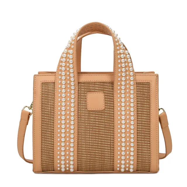 Trendy Fashion Hand Woven Pearl Hand Held Small Square Bag Shoulder Messenger Bag Khaki - Shop at LoveMi
