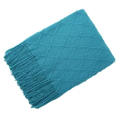 Pure Colour Diamond Jacquard Knitted Wool Blanket - Lake Blue - View 1