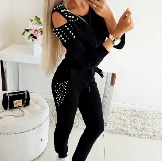 Ebay Cross-Border Exclusively For European And American Foreign Trade Sexy Beaded Round Neck Strapless Long-Sleeved Casual Two-Piece Suit