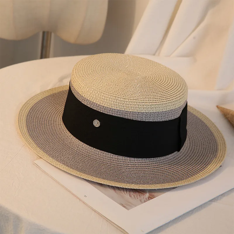 Summer Elegant Retro Women Flat Top Straw Hat Trip Caps Leisure Beach Sun Hats M Letter Breathable Flower Beach Hat - Gray
