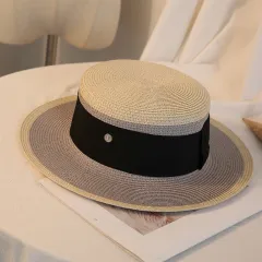Summer Elegant Retro Women Flat Top Straw Hat Trip Caps Leisure Beach Sun Hats M Letter Breathable Flower Beach Hat - Gray - View 1