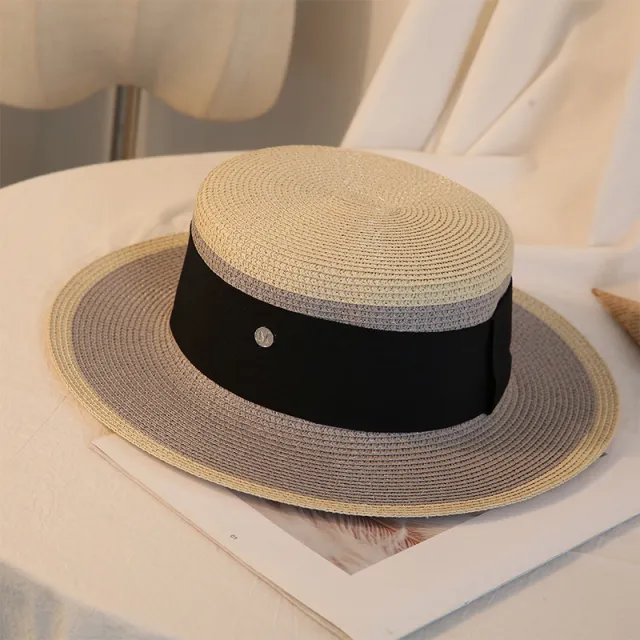 Summer Elegant Retro Women Flat Top Straw Hat Trip Caps Leisure Beach Sun Hats M Letter Breathable Flower Beach Hat Gray - Shop at LoveMi
