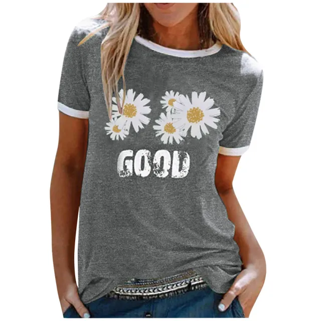 Ladies Short Sleeve Round Neck GOOD Daisy Print Top T Shirt Grey - Shop at LoveMi