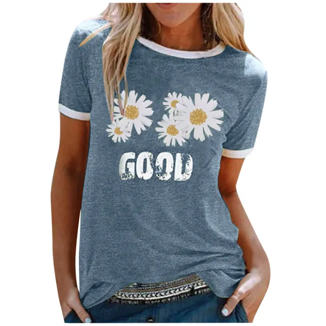 Ladies Short Sleeve Round Neck GOOD Daisy Print Top T Shirt Blue - Shop at LoveMi