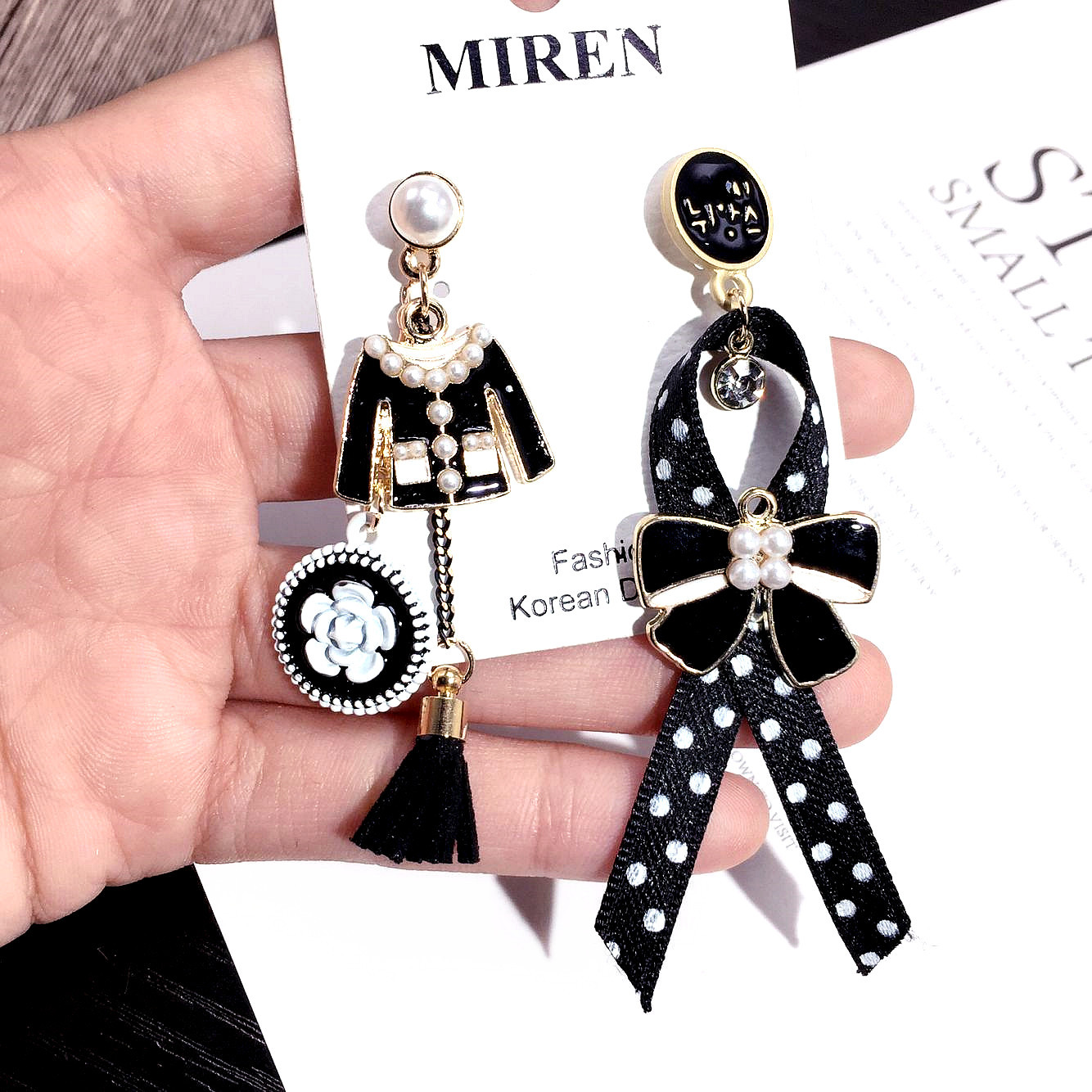 Asymmetric Creative Clothes Polka Dot Bow Earrings Earrings Trendy Chic Net Red Fashion Earrings