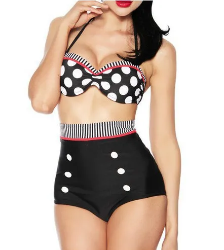 Swimsuit Retro High Waist Cover Belly Double Chest Pad Halter Bikini Polka Dot Swimsuit High Waist Black - Shop at LoveMi