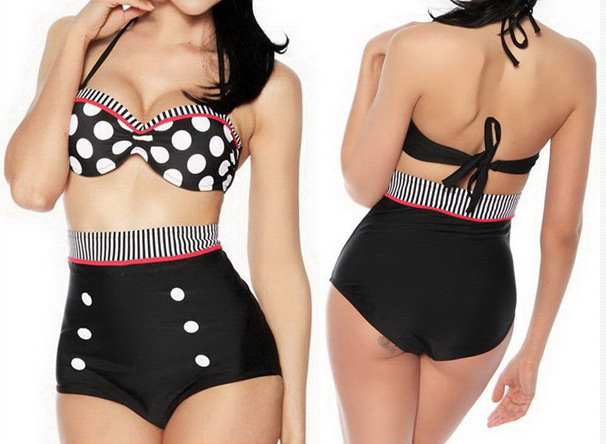 Swimsuit Retro High Waist Cover Belly Double Chest Pad Halter Bikini Polka Dot Swimsuit High Waist