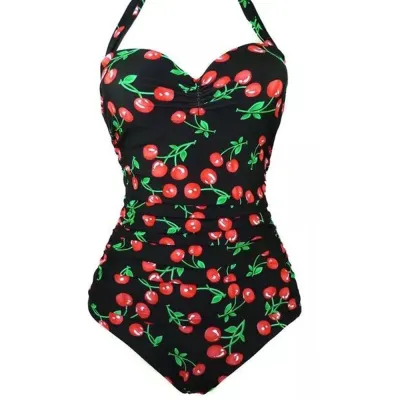 Hot Spring Swimsuit New Sexy Halter Neck Gathered Polka Dot Plus Size One-Piece Swimsuit