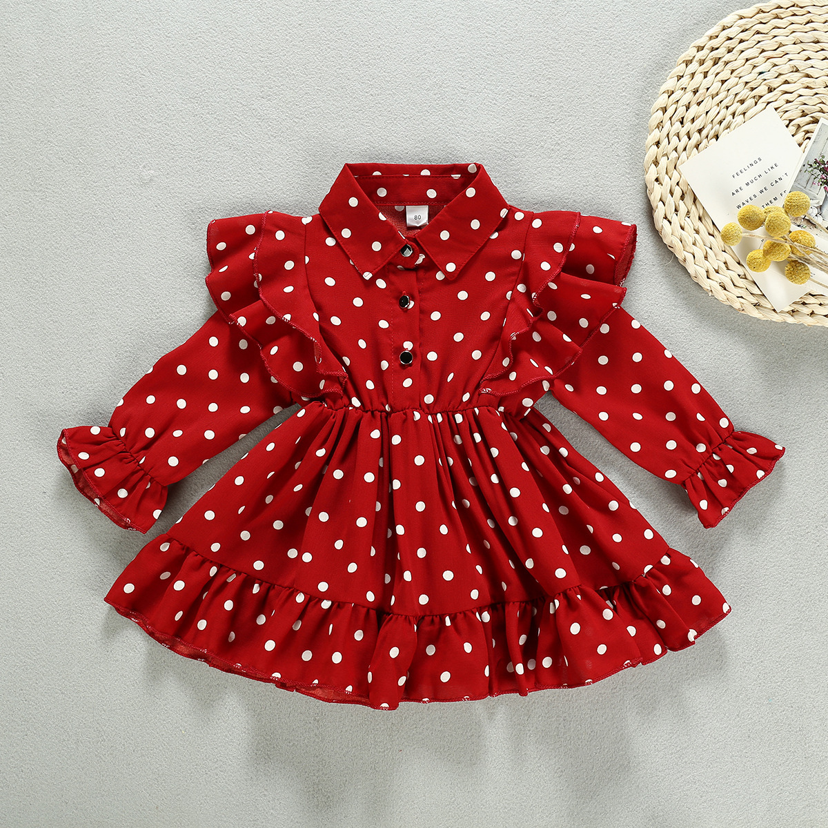 Cross-Border Autumn New Products Korean Girl Lapel Ruffled Long-Sleeved Polka Dot Dress Factory Direct Sales