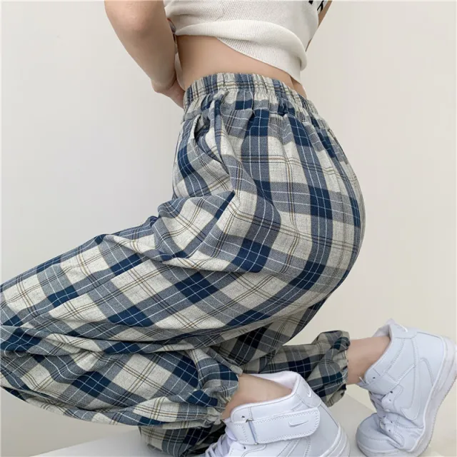 Retro Style Blue Plaid Loose Casual Pants Women'S Thin High Waist Drawstring Trousers Spring Straight Harem Pants Coffee - Shop at LoveMi