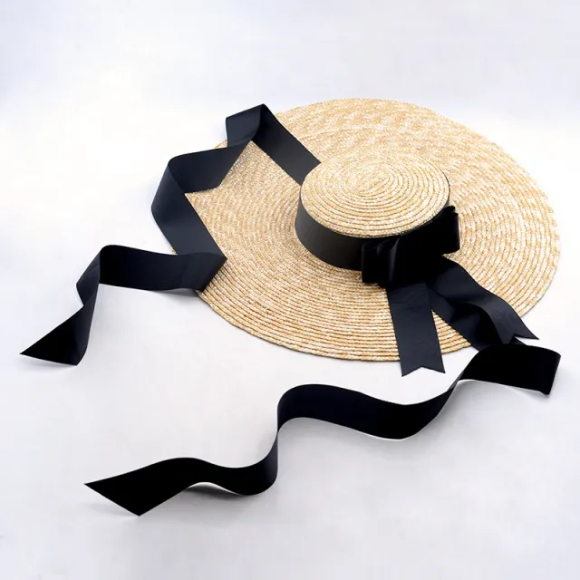 15CM Oversized Eaves Straw Hat Women's Beach Sunscreen Natural Straw Flat Top Strap Hat Black - Shop at LoveMi