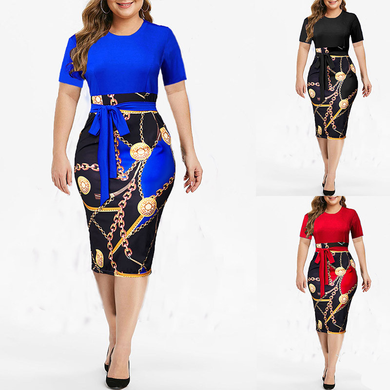Cross-Border Foreign Trade New Style Wish Amazon European And American Women'S Belt Printed Short-Sleeved Slim Fit Hip One-Step Skirt