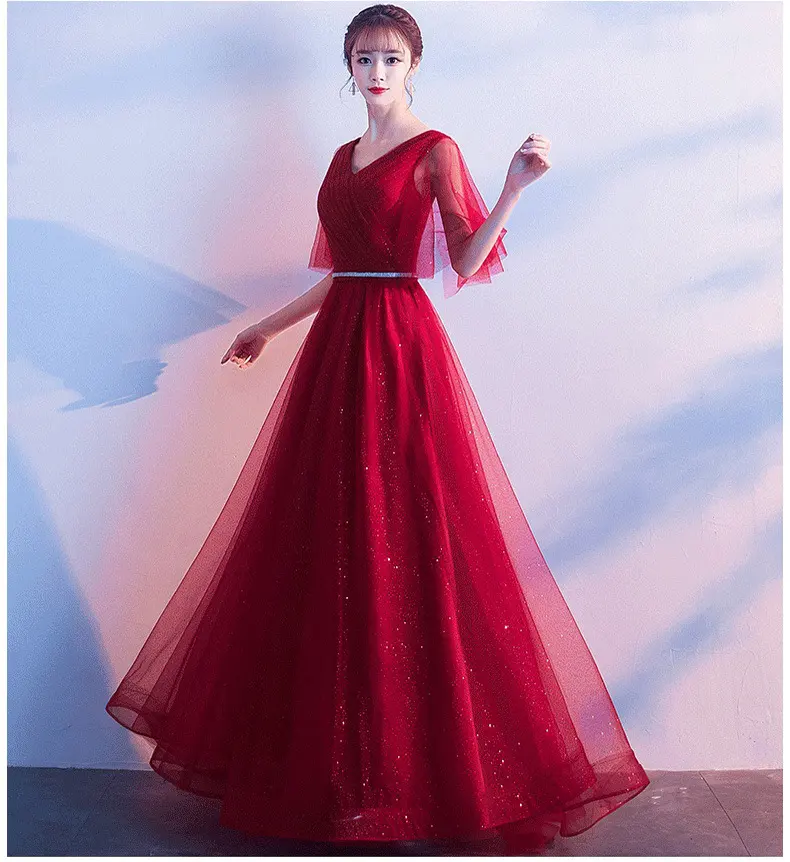 Beauty-Emily Tulle V Neck Ruffle Evening Dresses Long A-line
