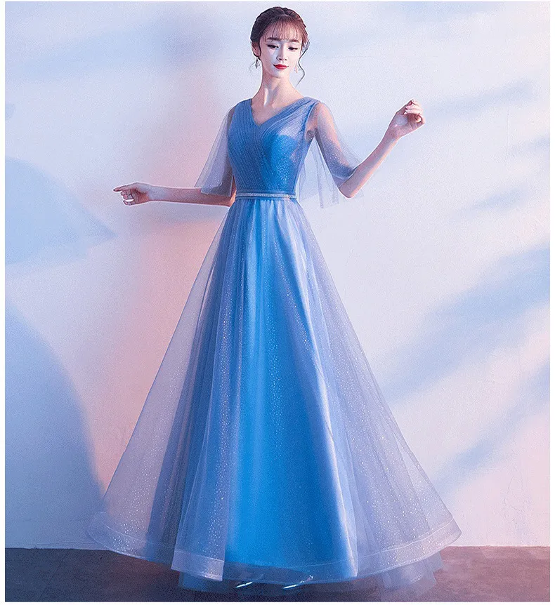 Beauty-Emily Tulle V Neck Ruffle Evening Dresses Long A-line Crystal Formal Dress Party Prom Gowns Lace Up Back Vestido de noche - Blue