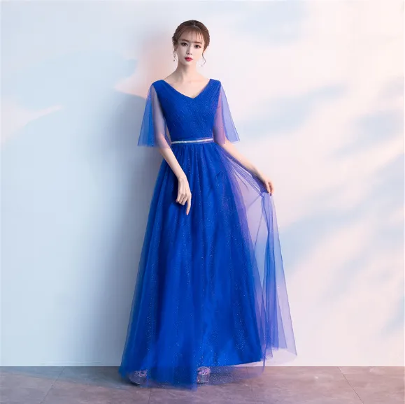 Beauty Emily Tulle V Neck Ruffle Evening Dresses Long A line Crystal Formal Dress Party Prom Gowns Lace Up Back Vestido de noche Royal Blues - Shop at LoveMi