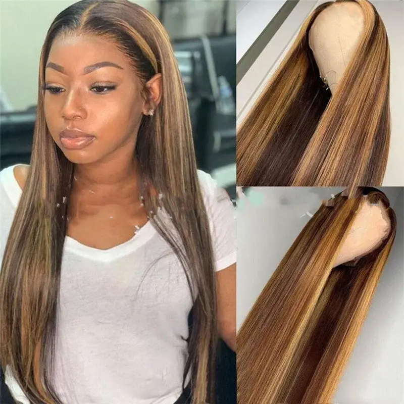 Colored Medium Length Straight Hair Brown-Gold Gradient Chemical Fiber