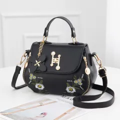 Embroidered One-shoulder Messenger Handbag - Black - View 1