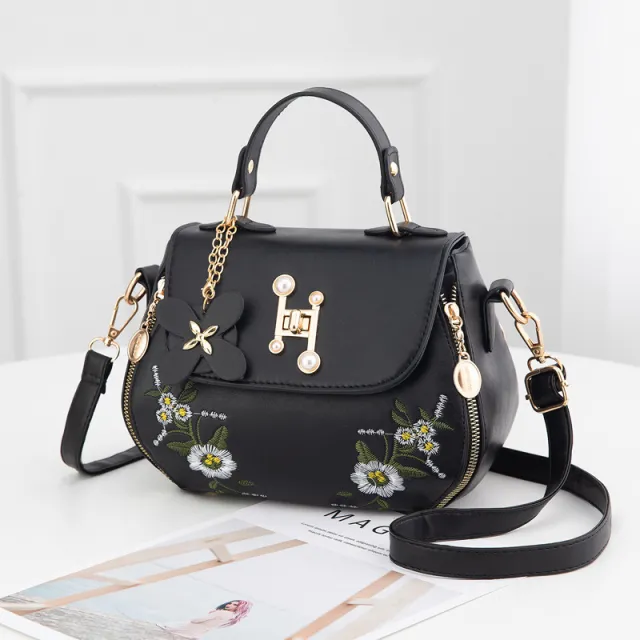 Embroidered One shoulder Messenger Handbag Black - Shop at LoveMi