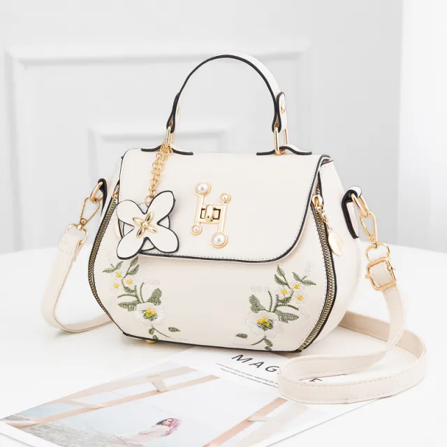 Embroidered One shoulder Messenger Handbag White - Shop at LoveMi