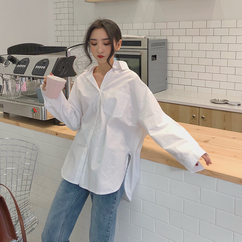 Spring And Autumn Korean Version New Loose Mid-Length Bf Wind Split Lapel Salt White Long-Sleeved Shirt Top Women