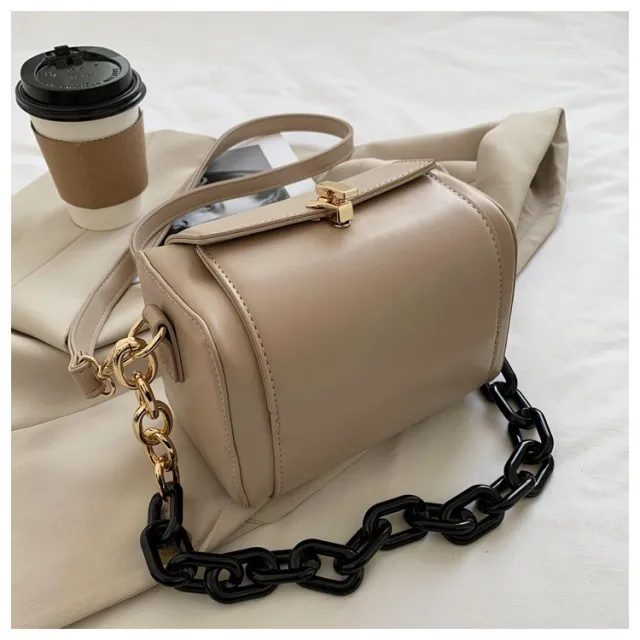 Luxury Chain Women Handbag Solid color Square Tote bag PU Leather Women's Designer Handbag Vintage Shoulder Bag Khaki - Shop at LoveMi