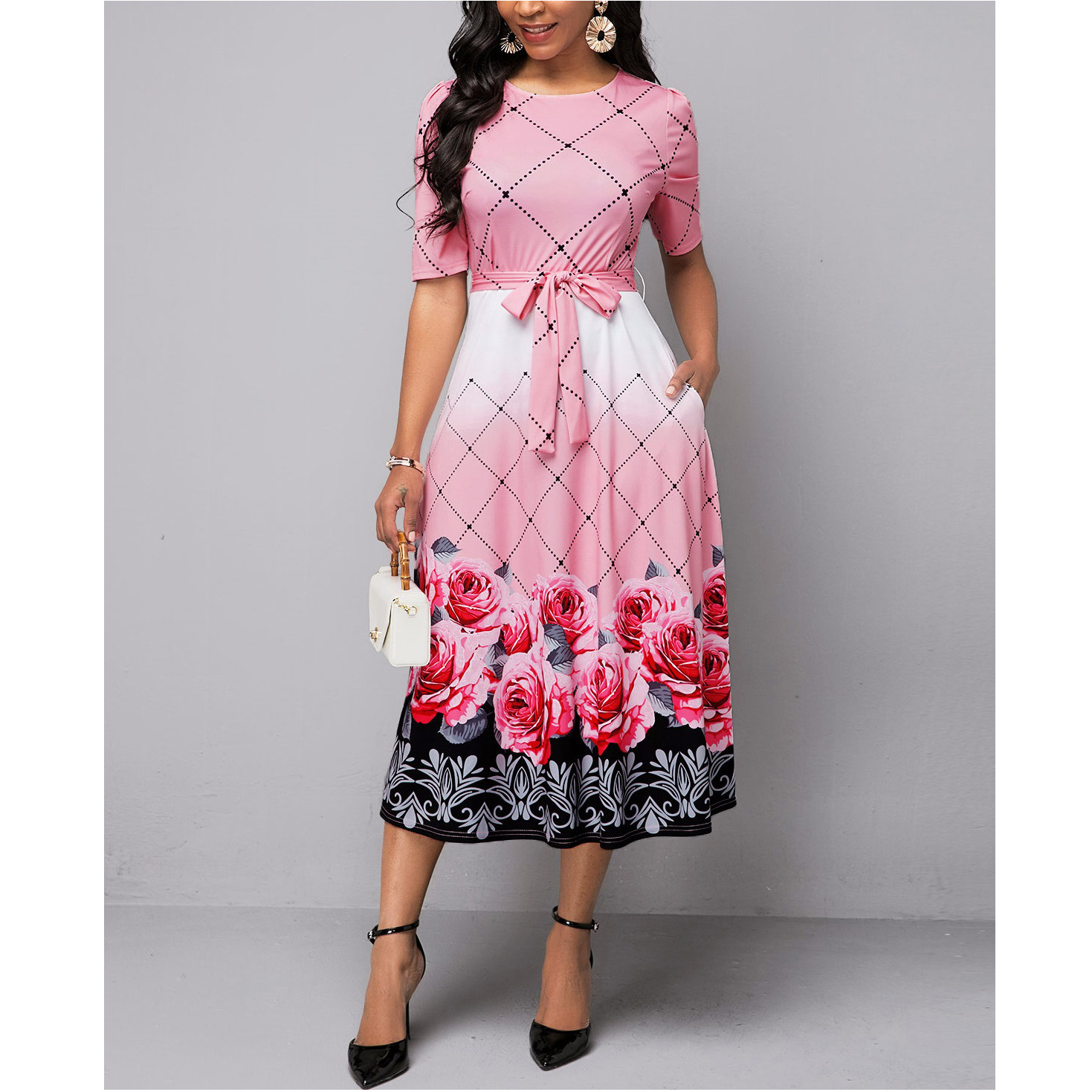 women's belted round neck rose flower pattern dress