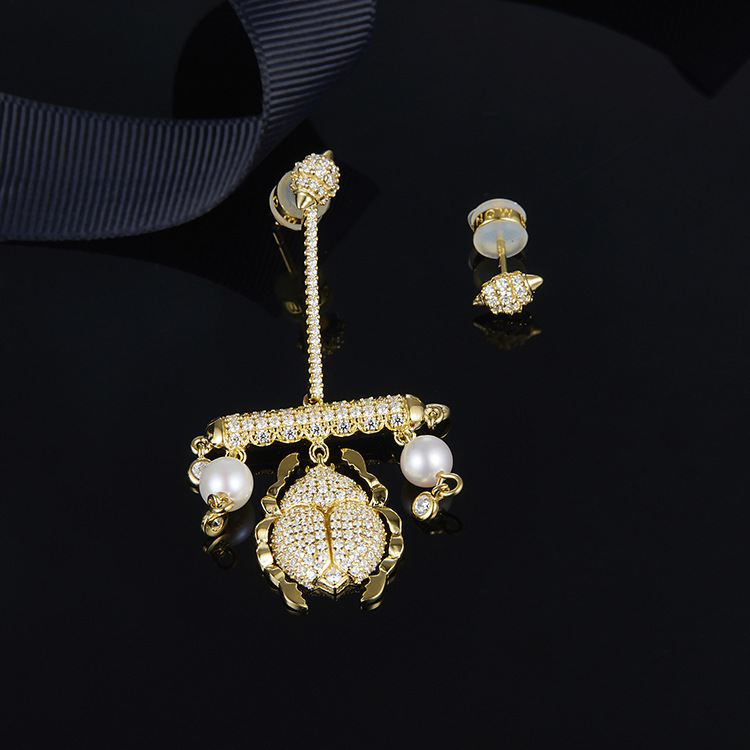 Silver S925 Sterling Silver Micro-set Crystal Diamonds A Home Meilong Version Asymmetric Scarab Earrings