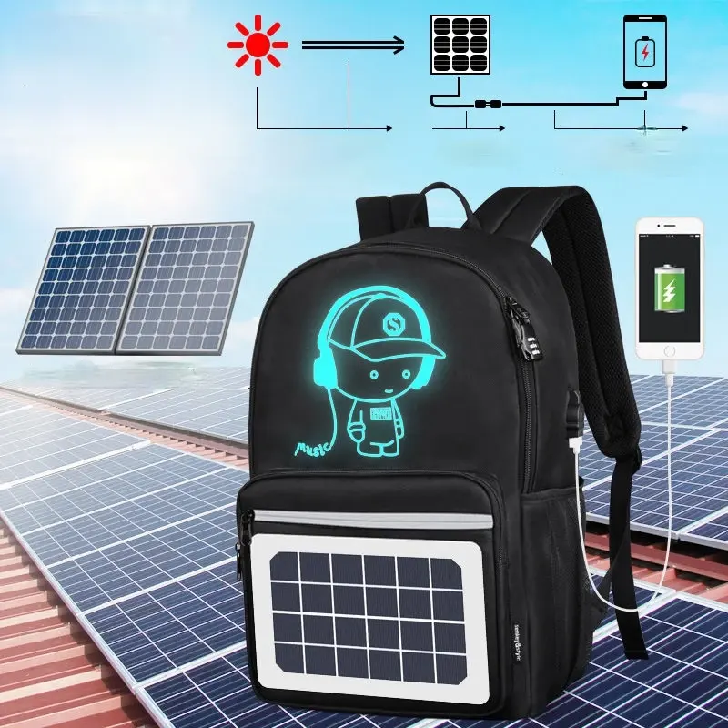 Fashion Backpack Solar Powered Charging Waterproof Oxford Large School