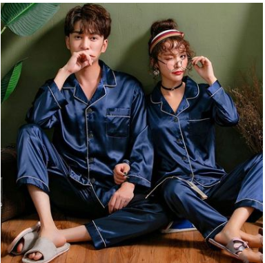 New Wedding Couple Pajamas Spring And Autumn Red Female Bridal Ice Silk Home Service Suit Natal Male Summer Bride Navy Blue - Shop at LoveMi