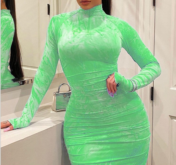 Summer INS Amazon New Round Neck Long Sleeve Fashion Print Dress